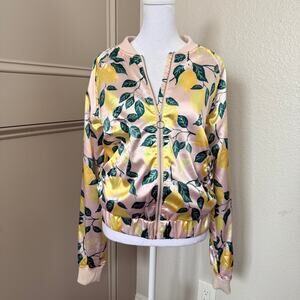 H&M Lemon Print Satin Bomber Jacket Pink Adult S or M Fit (size 20Y)